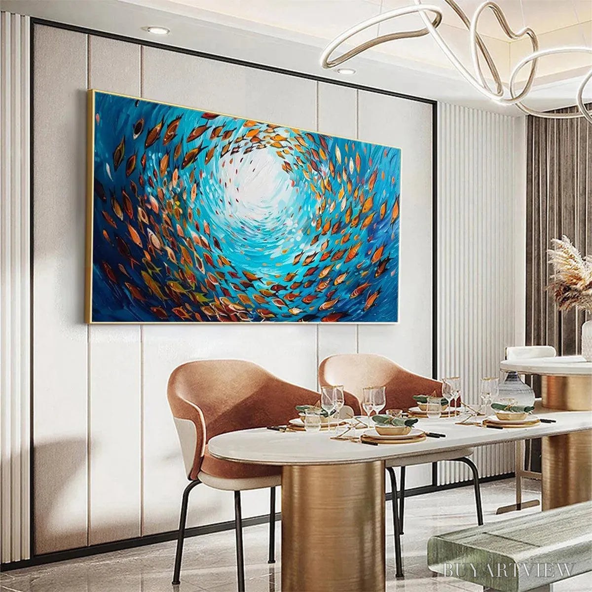 BUYARTVIEW Oceanic Whirl – Dynamic School of Fish Painting, Horizontal - image 4
