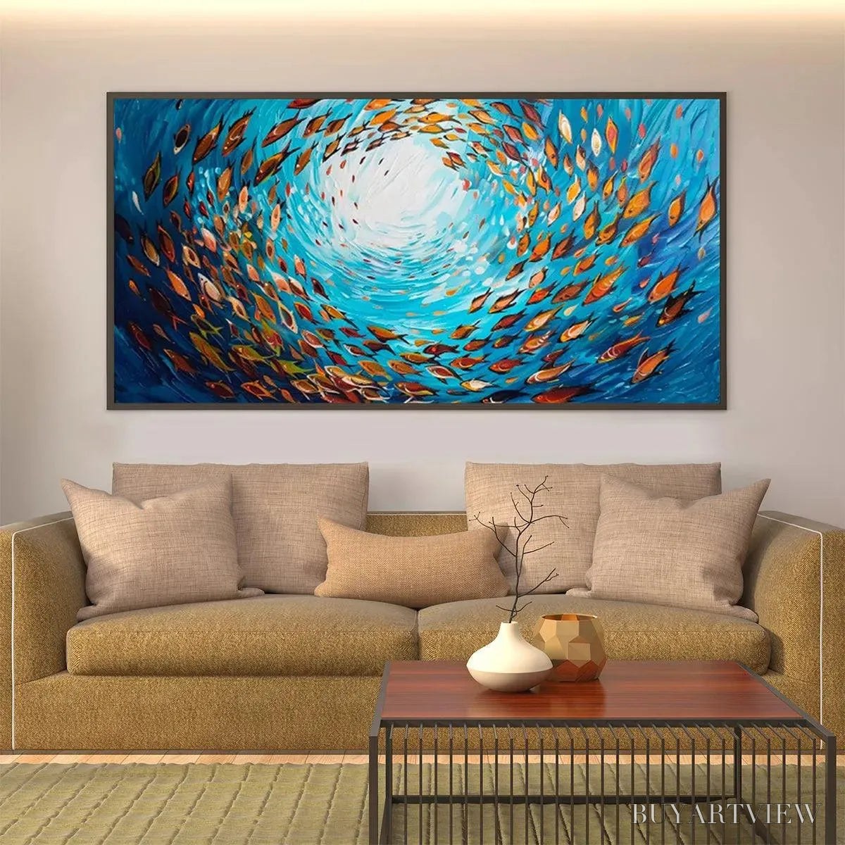 BUYARTVIEW Oceanic Whirl – Dynamic School of Fish Painting, Horizontal - image 5