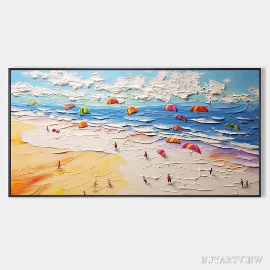 BUYARTVIEW Seaside Celebration – Textured Impasto Beach Painting with Colorful Umbrellas - image 1