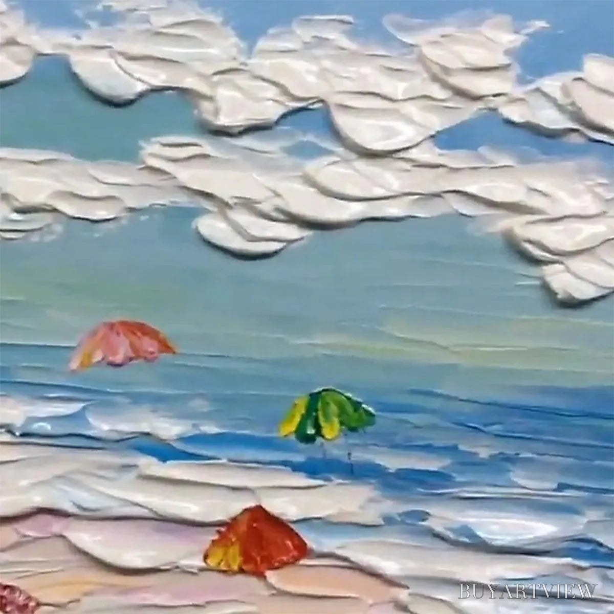 BUYARTVIEW Seaside Celebration – Textured Impasto Beach Painting with Colorful Umbrellas - image 3