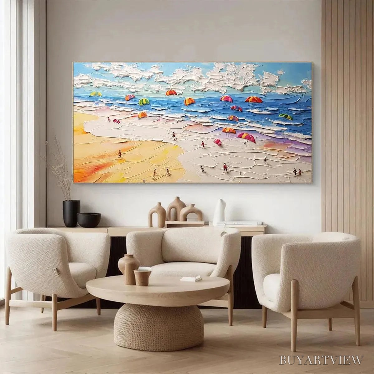 BUYARTVIEW Seaside Celebration – Textured Impasto Beach Painting with Colorful Umbrellas - image 6