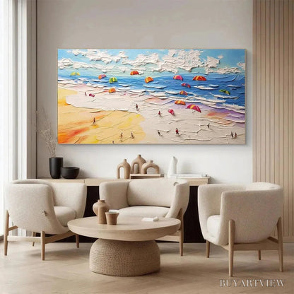 BUYARTVIEW Seaside Celebration – Textured Impasto Beach Painting with Colorful Umbrellas - image 6
