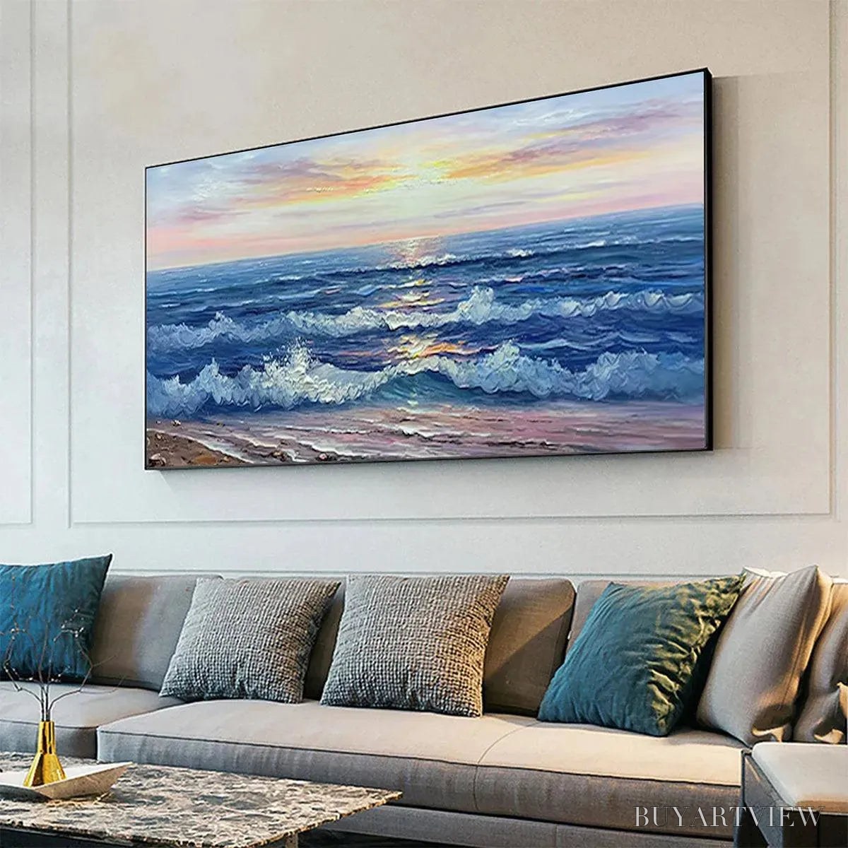 BUYARTVIEW Golden Sunset Serenade – Panoramic Ocean Sunset Painting - image 4