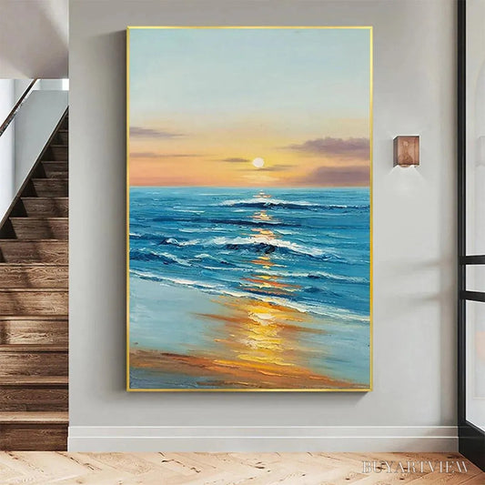 BUYARTVIEW Sunkissed Shores – Vertical Ocean Sunset Painting, Beach - image 2