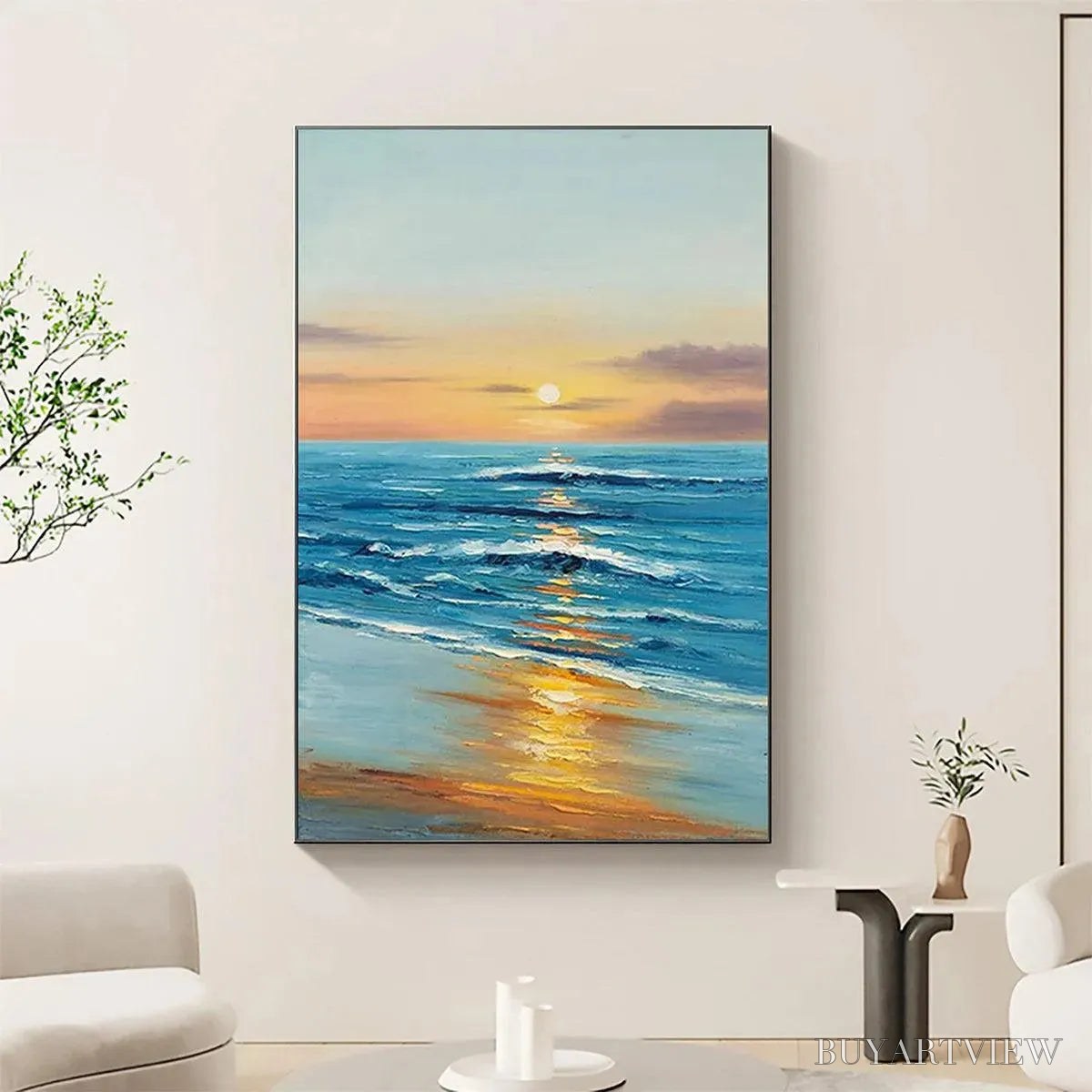 BUYARTVIEW Sunkissed Shores – Vertical Ocean Sunset Painting, Beach - image 5