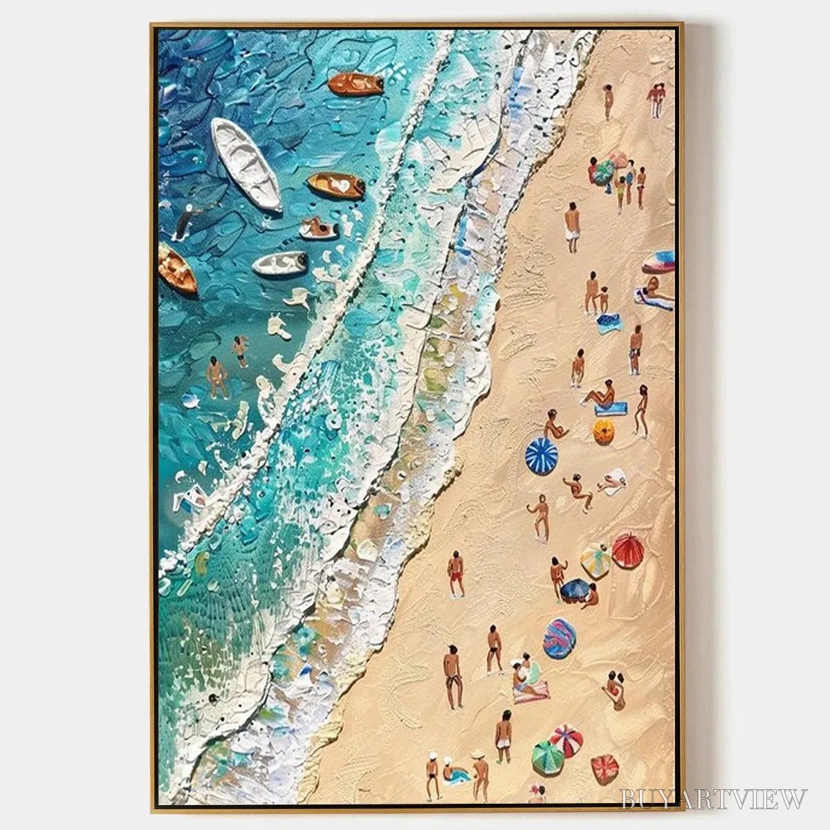 BUYARTVIEW Sun-Kissed Shores – Textured Beach Scene Painting with Figures - image 1