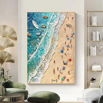 BUYARTVIEW Sun-Kissed Shores – Textured Beach Scene Painting with Figures - image 2