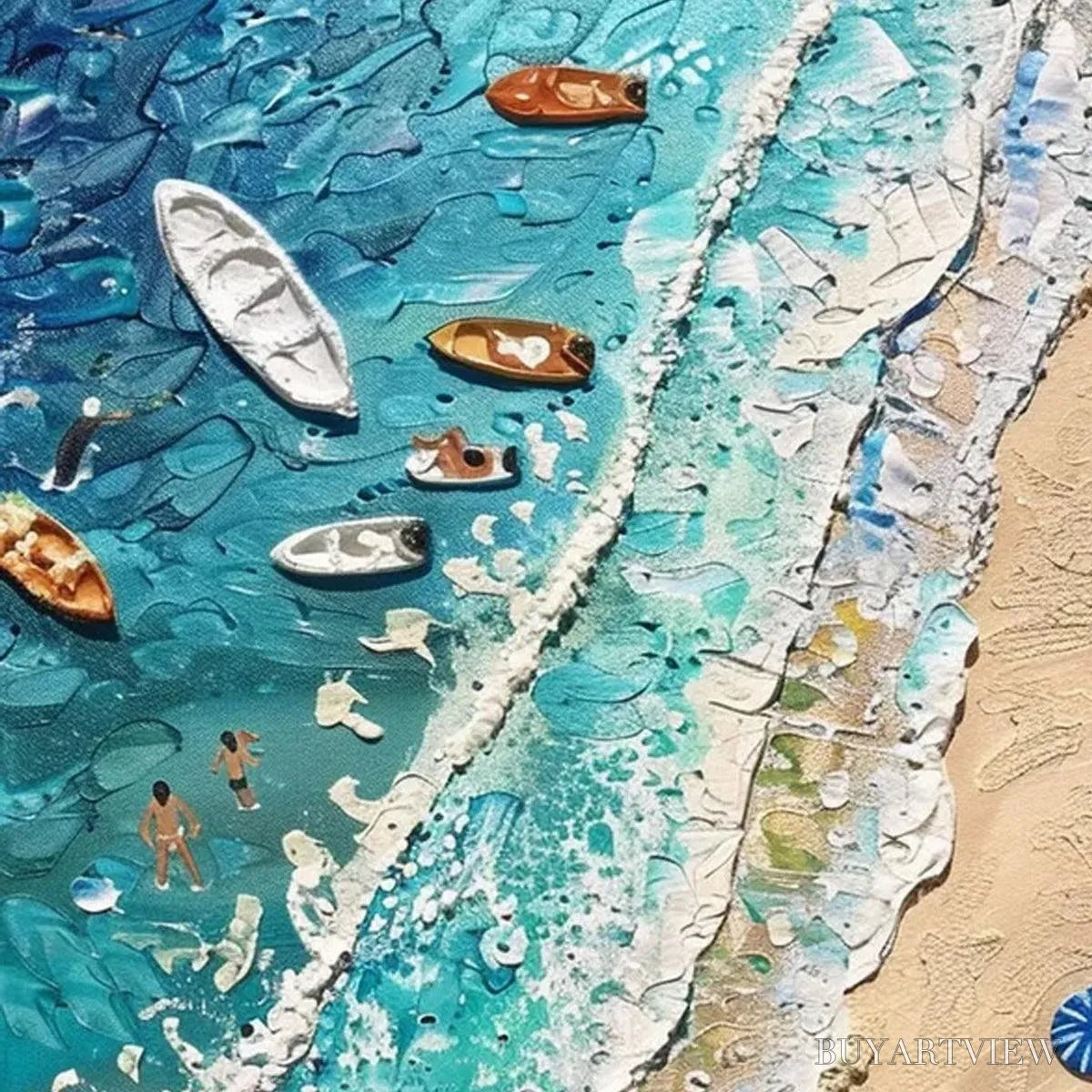 BUYARTVIEW Sun-Kissed Shores – Textured Beach Scene Painting with Figures - image 3