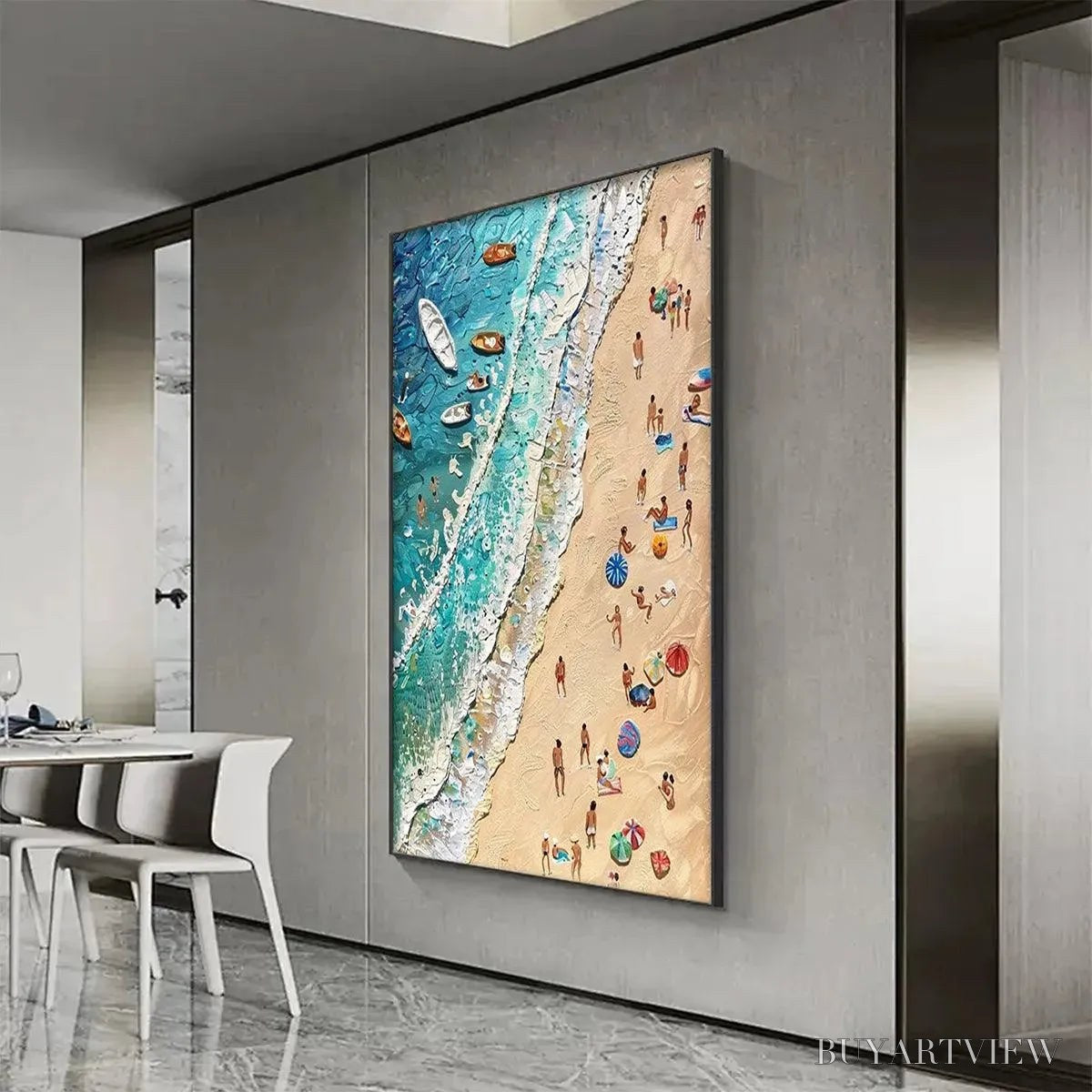 BUYARTVIEW Sun-Kissed Shores – Textured Beach Scene Painting with Figures - image 5