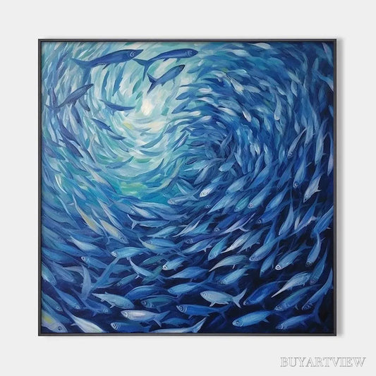 BUYARTVIEW Oceanic Whirl – Dynamic Painting of a School of Fish - image 1
