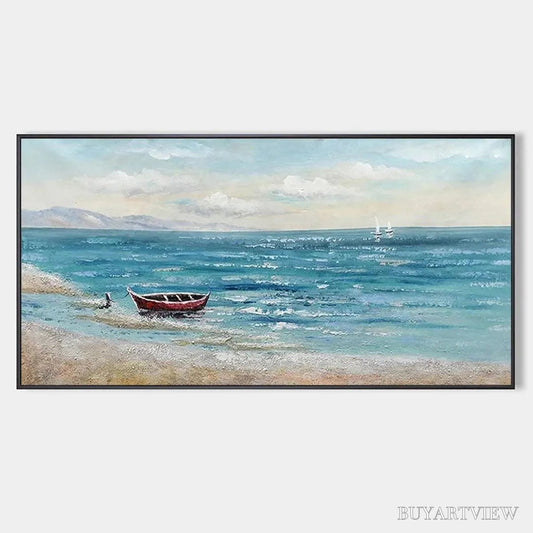 BUYARTVIEW Red Boat At the Shore – Tranquil Coastal Landscape Painting - image 1