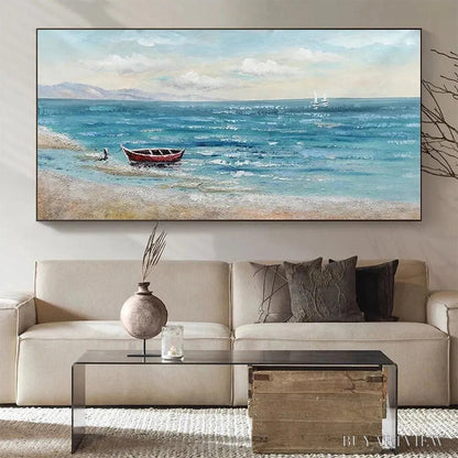 BUYARTVIEW Red Boat At the Shore – Tranquil Coastal Landscape Painting - image 2