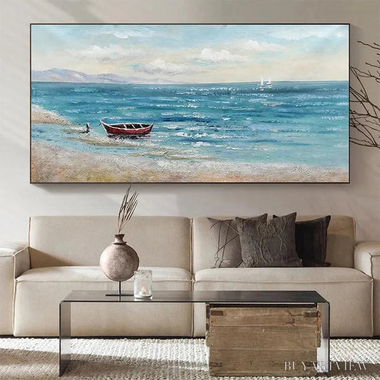 BUYARTVIEW Red Boat At the Shore – Tranquil Coastal Landscape Painting - image 2