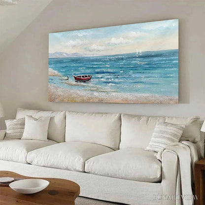 BUYARTVIEW Red Boat At the Shore – Tranquil Coastal Landscape Painting - image 4