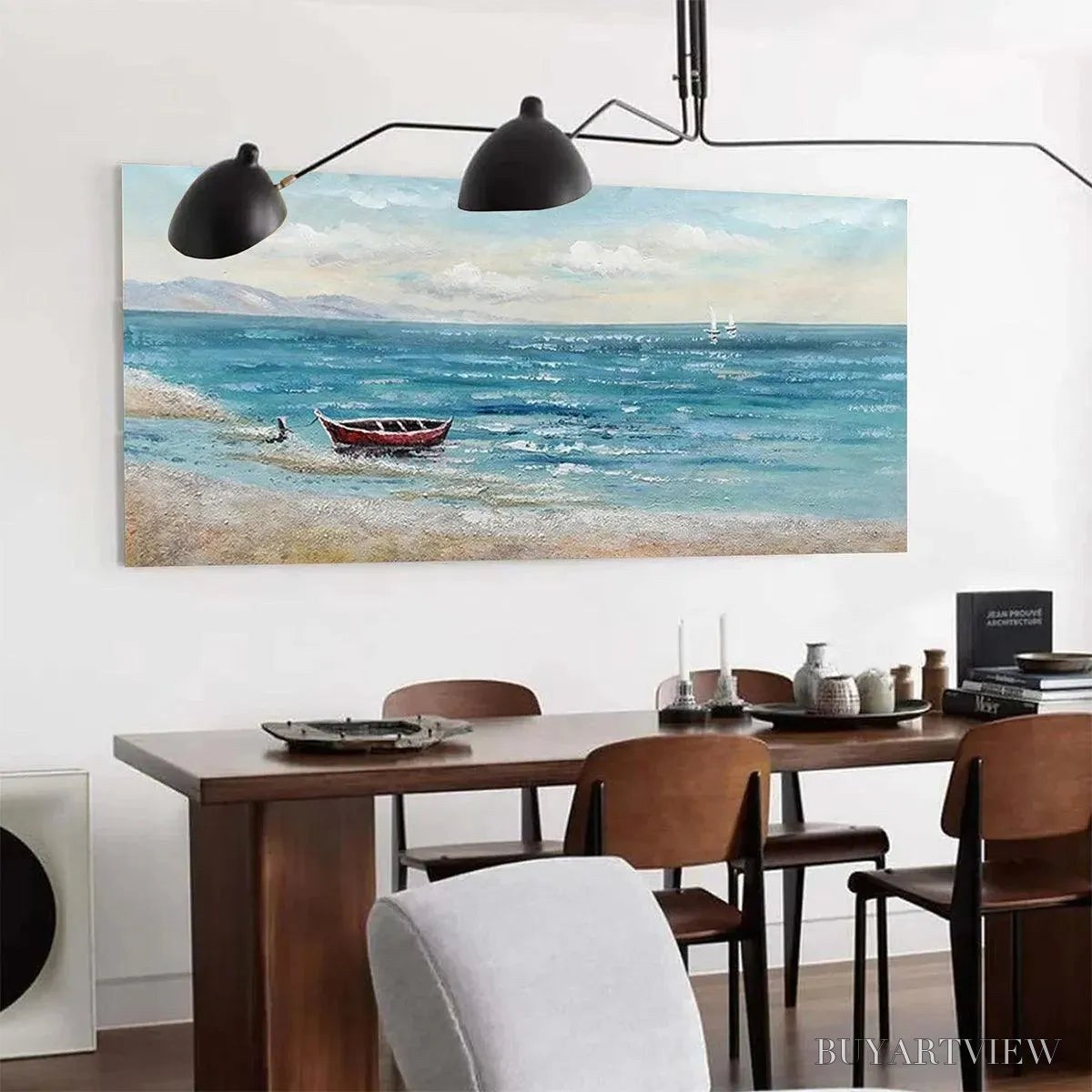 BUYARTVIEW Red Boat At the Shore – Tranquil Coastal Landscape Painting - image 6