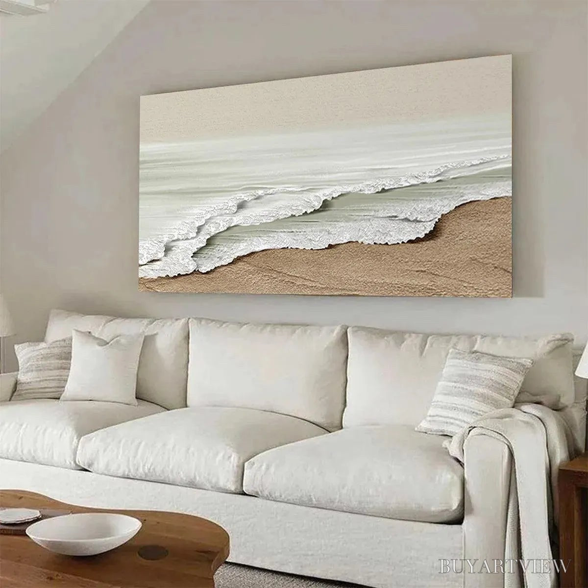 BUYARTVIEW Serene Shore – Textured Coastal Landscape Painting in Beige - image 4