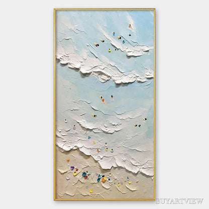 BUYARTVIEW Summer Beach – Textured Beach Scene Painting with Surfers and Swimmers - image 1