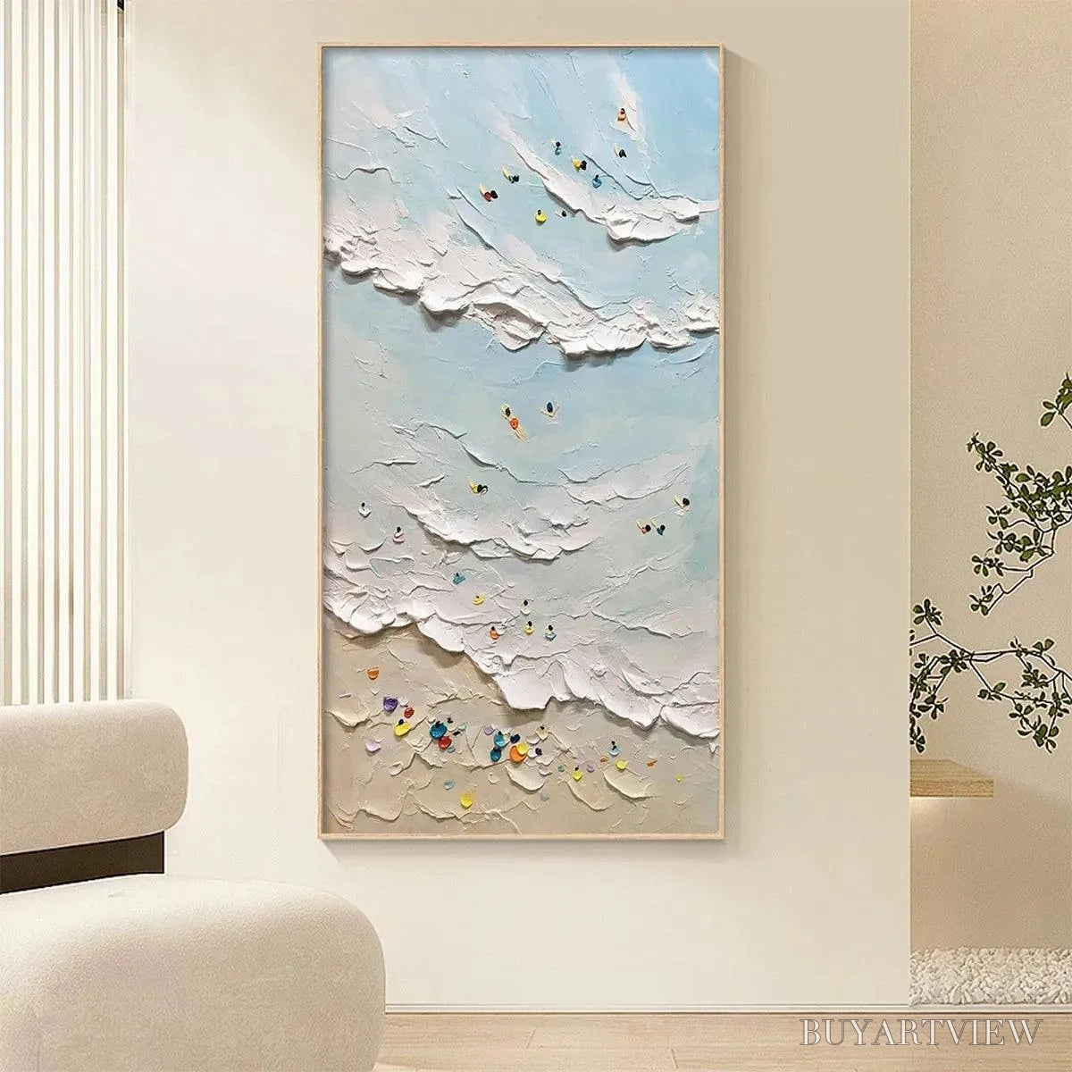 BUYARTVIEW Summer Beach – Textured Beach Scene Painting with Surfers and Swimmers - image 2