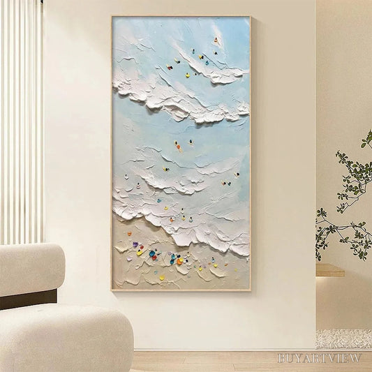 BUYARTVIEW Summer Beach – Textured Beach Scene Painting with Surfers and Swimmers - image 2