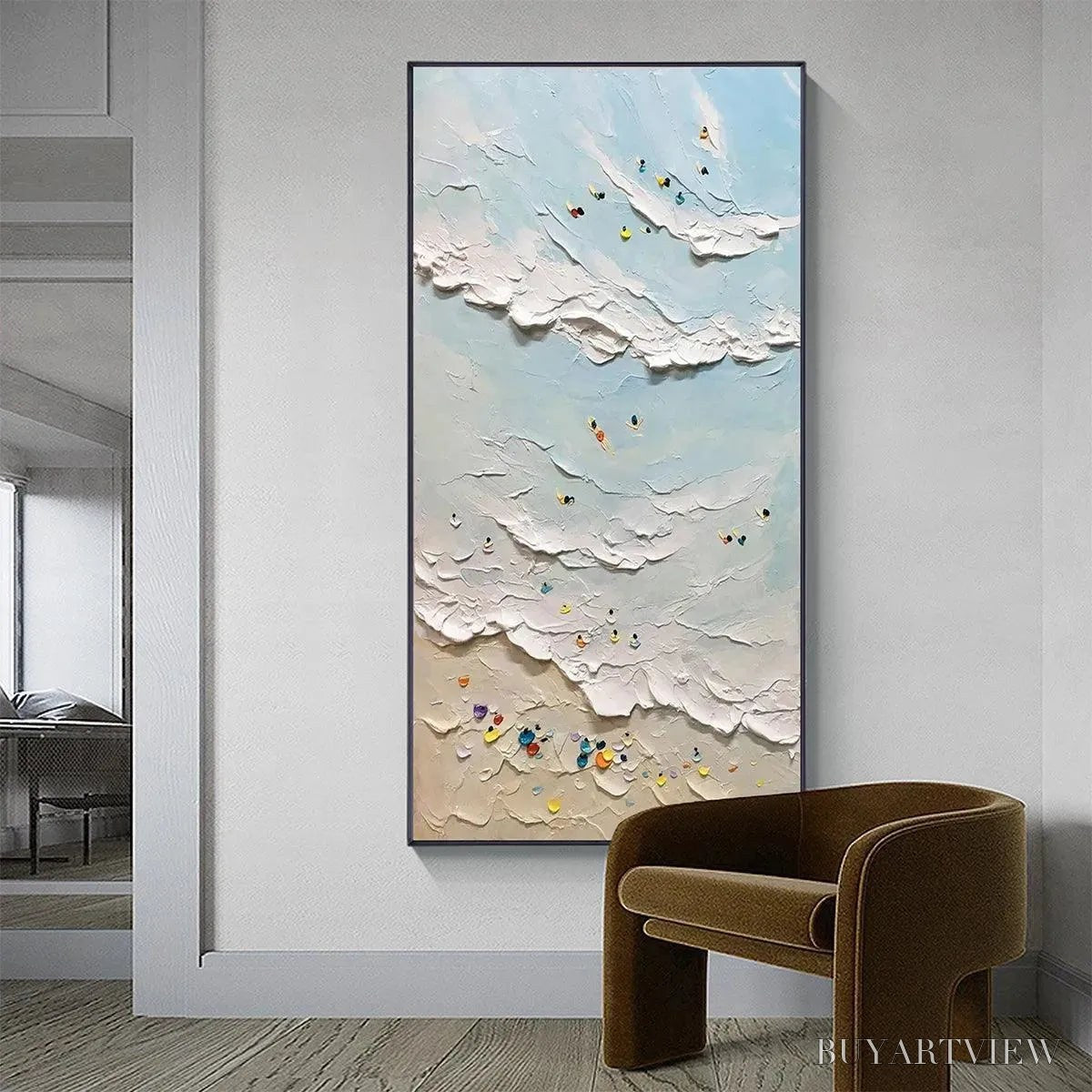 BUYARTVIEW Summer Beach – Textured Beach Scene Painting with Surfers and Swimmers - image 4