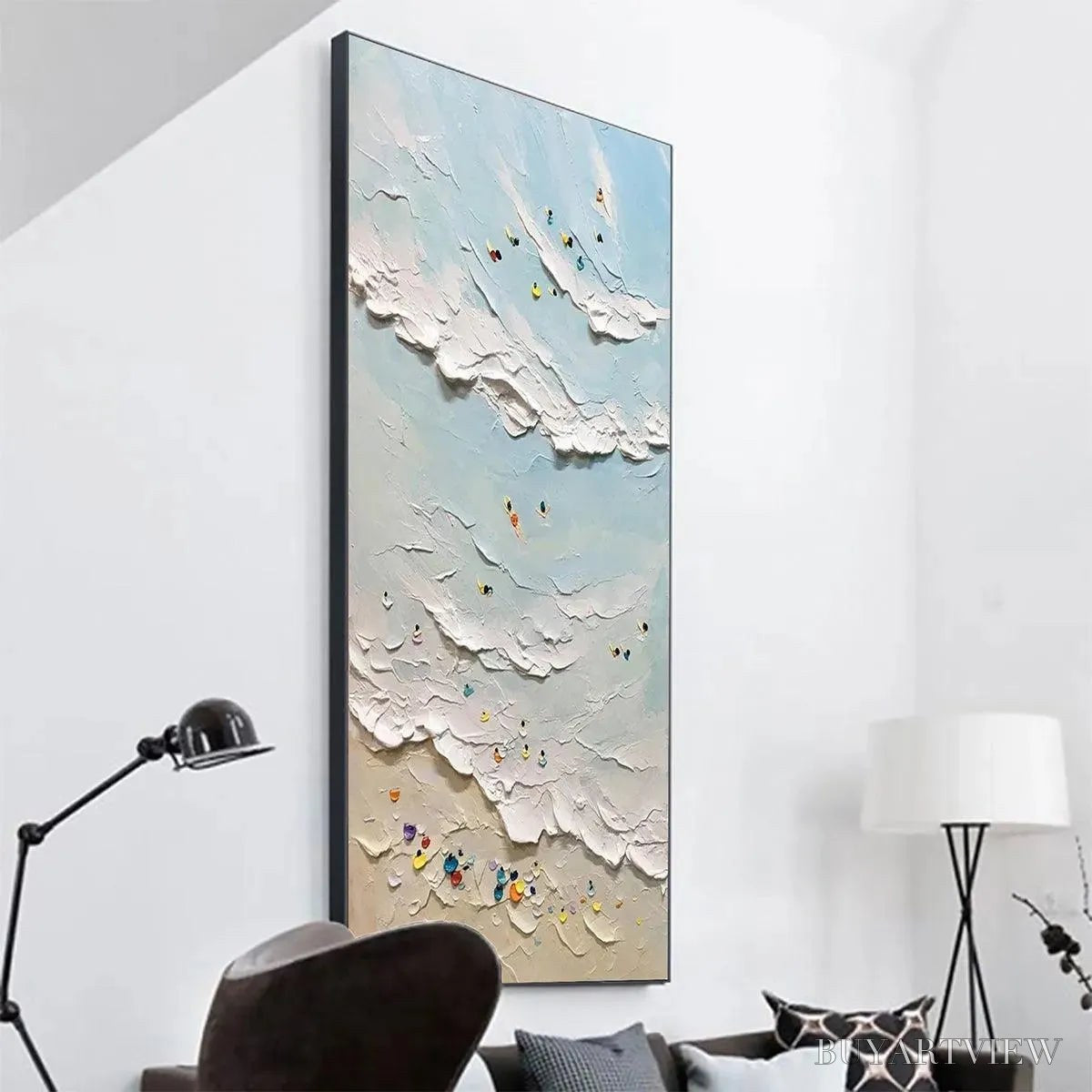 BUYARTVIEW Summer Beach – Textured Beach Scene Painting with Surfers and Swimmers - image 5