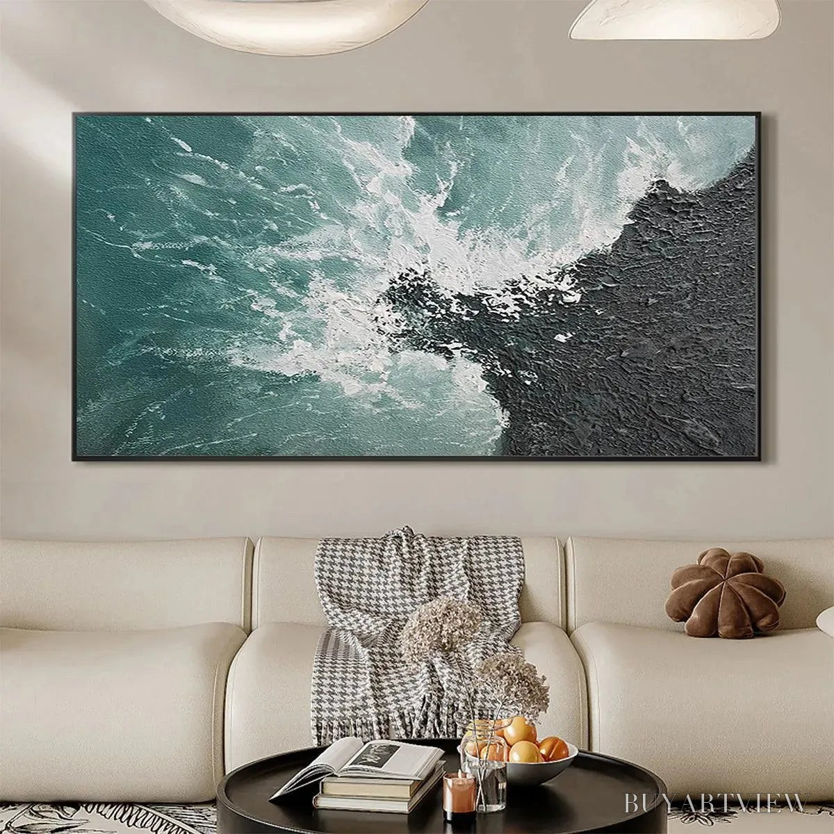 BUYARTVIEW Turquoise Crash – Textured Abstract Seascape Painting in Teal and Black - image 2