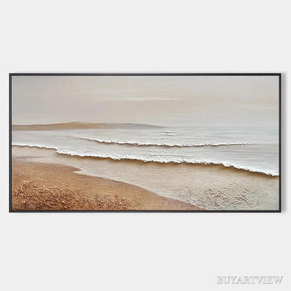 BUYARTVIEW Whispering Tides – Textured Coastal Landscape Painting in Beige and White - image 1
