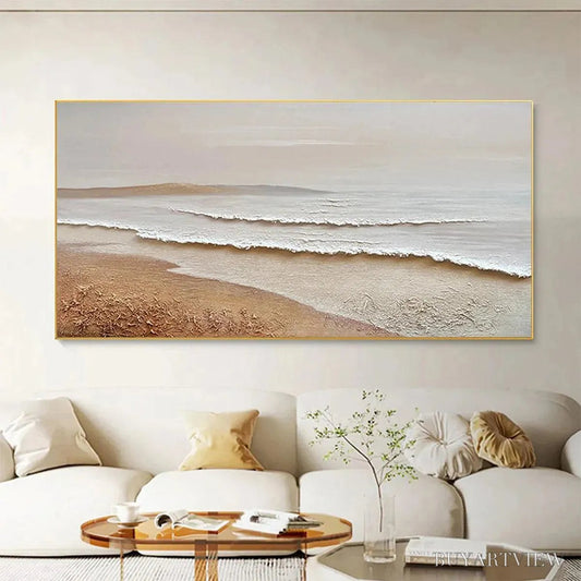 BUYARTVIEW Whispering Tides – Textured Coastal Landscape Painting in Beige and White - image 2