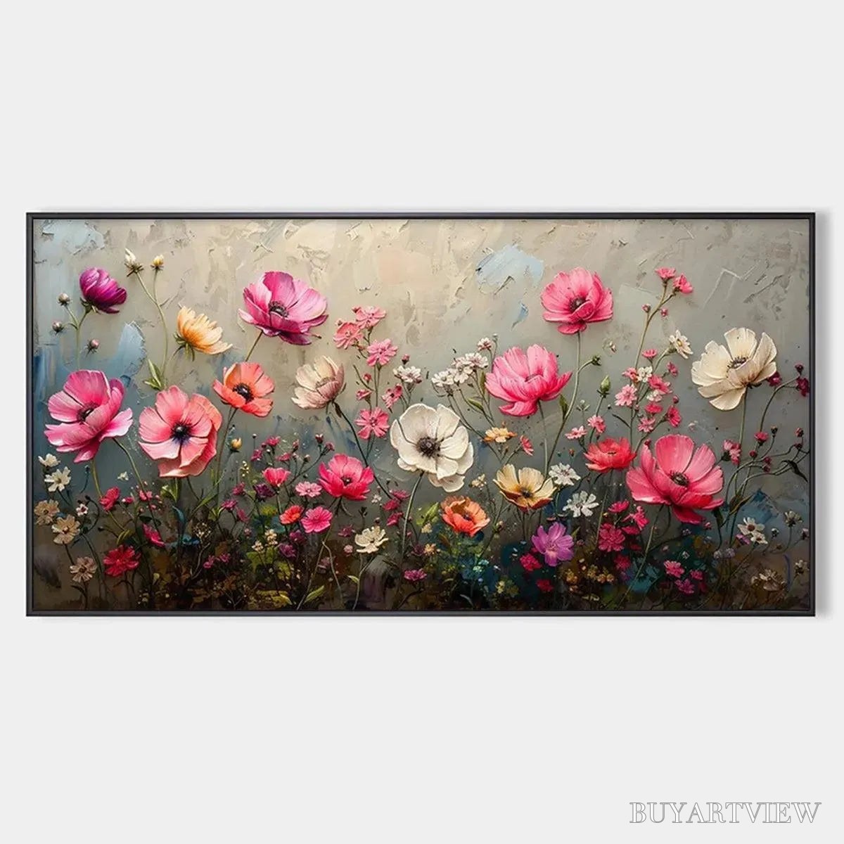 BUYARTVIEW Summer Bloom – Textured Pink and White Floral Painting on Grey Background - image 1