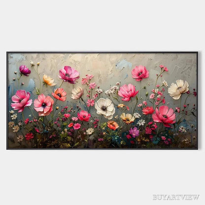 BUYARTVIEW Summer Bloom – Textured Pink and White Floral Painting on Grey Background - image 1