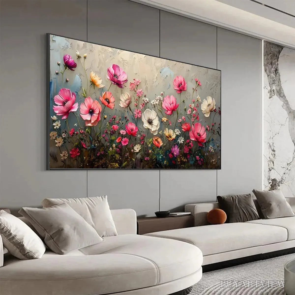 BUYARTVIEW Summer Bloom – Textured Pink and White Floral Painting on Grey Background - image 4