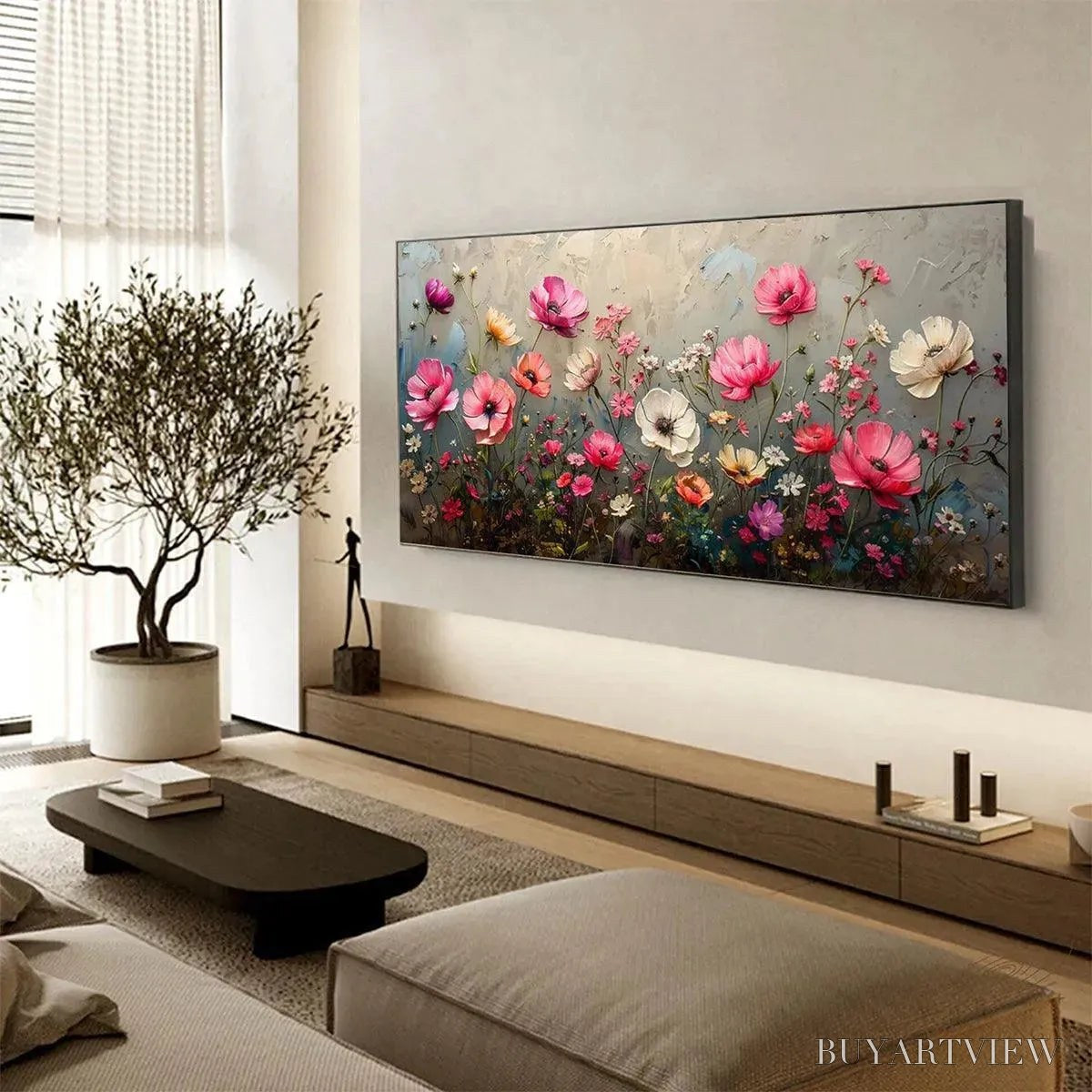 BUYARTVIEW Summer Bloom – Textured Pink and White Floral Painting on Grey Background - image 5