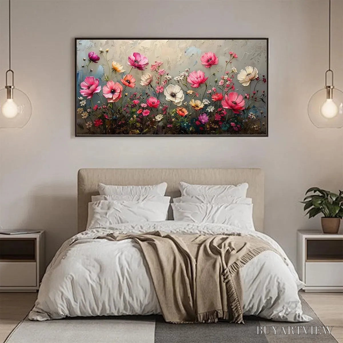 BUYARTVIEW Summer Bloom – Textured Pink and White Floral Painting on Grey Background - image 6