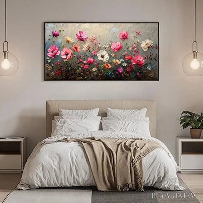 BUYARTVIEW Summer Bloom – Textured Pink and White Floral Painting on Grey Background - image 6