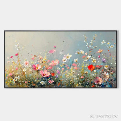 BUYARTVIEW Wild Meadow – Panoramic Floral Landscape Painting in Pink and White - image 1