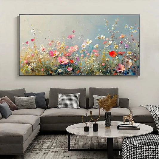 BUYARTVIEW Wild Meadow – Panoramic Floral Landscape Painting in Pink and White - image 2