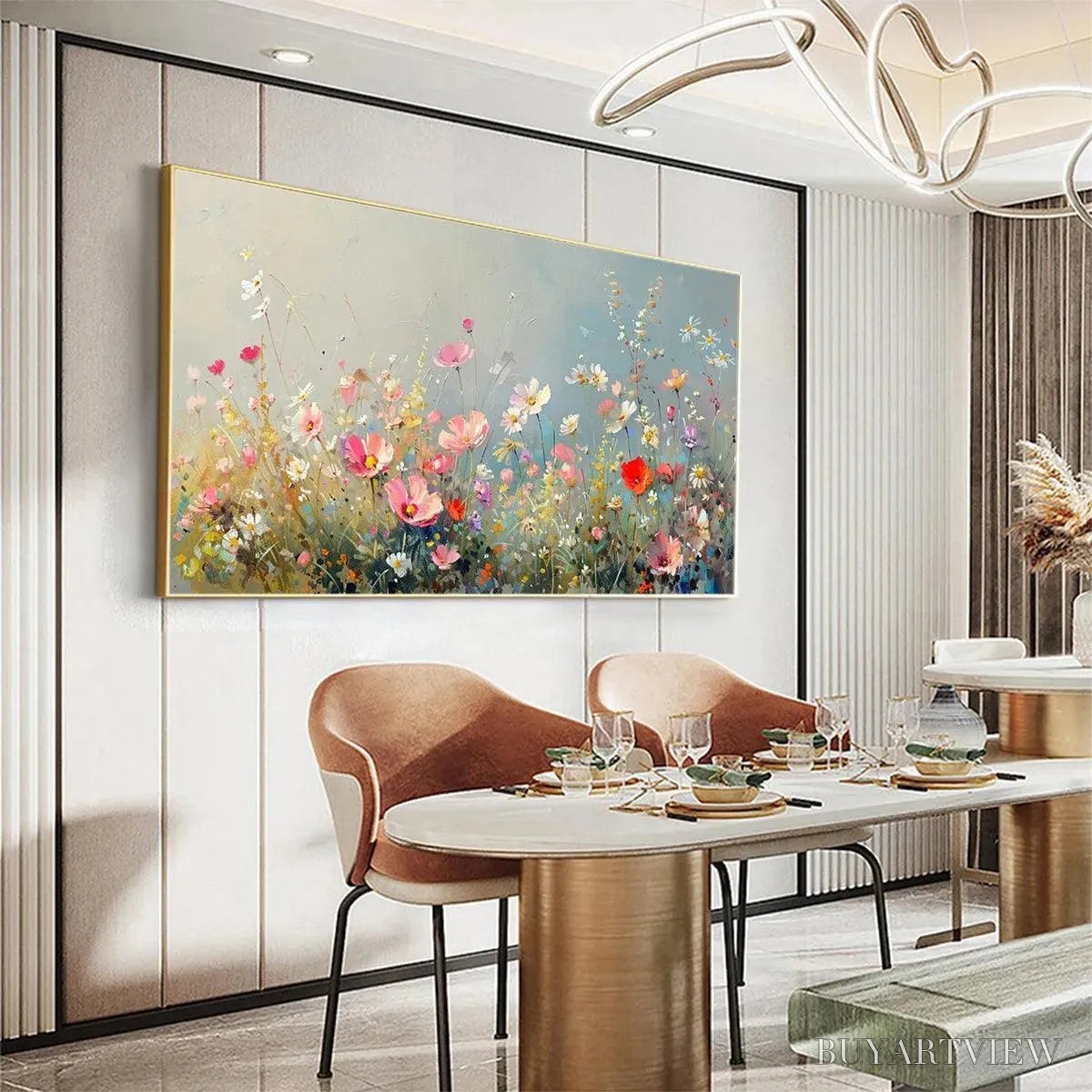 BUYARTVIEW Wild Meadow – Panoramic Floral Landscape Painting in Pink and White - image 4