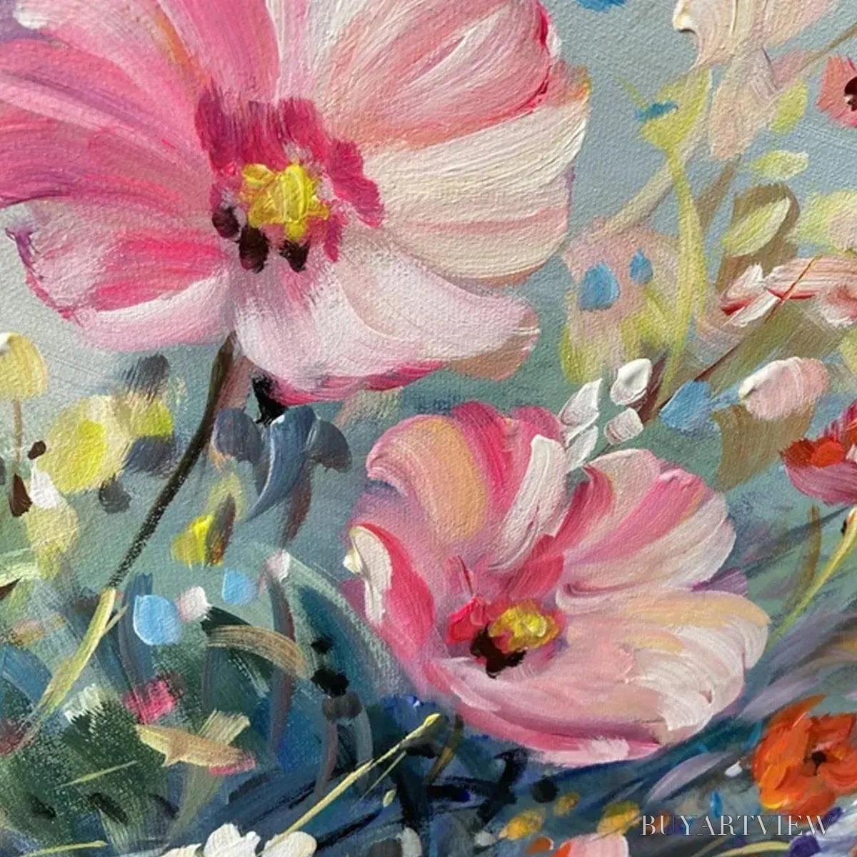 BUYARTVIEW Wild Meadow – Panoramic Floral Landscape Painting in Pink and White - image 5
