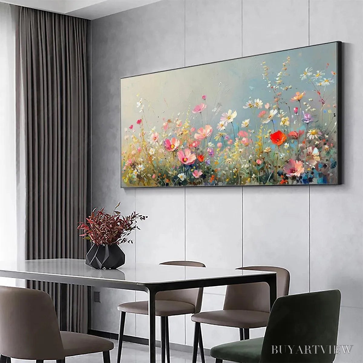 BUYARTVIEW Wild Meadow – Panoramic Floral Landscape Painting in Pink and White - image 6