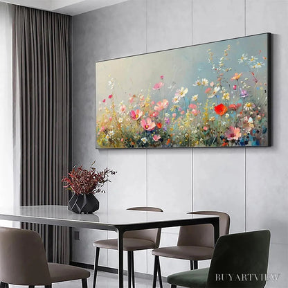 BUYARTVIEW Wild Meadow – Panoramic Floral Landscape Painting in Pink and White - image 6