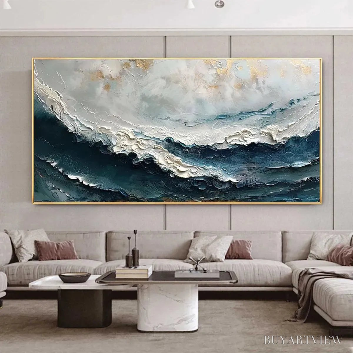 BUYARTVIEW Ocean Dream – Textured Abstract Ocean Painting in Blue, White, and Gold - image 2
