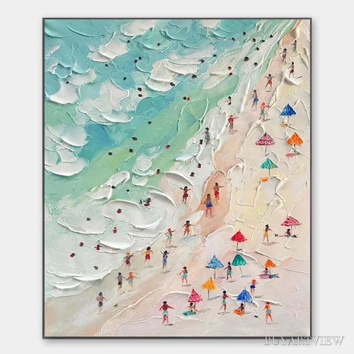 BUYARTVIEW Beach Day – Textured Beach Scene Painting with Colorful Umbrellas - image 1