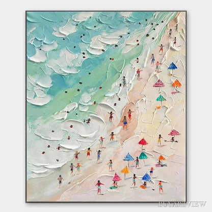 BUYARTVIEW Beach Day – Textured Beach Scene Painting with Colorful Umbrellas - image 1