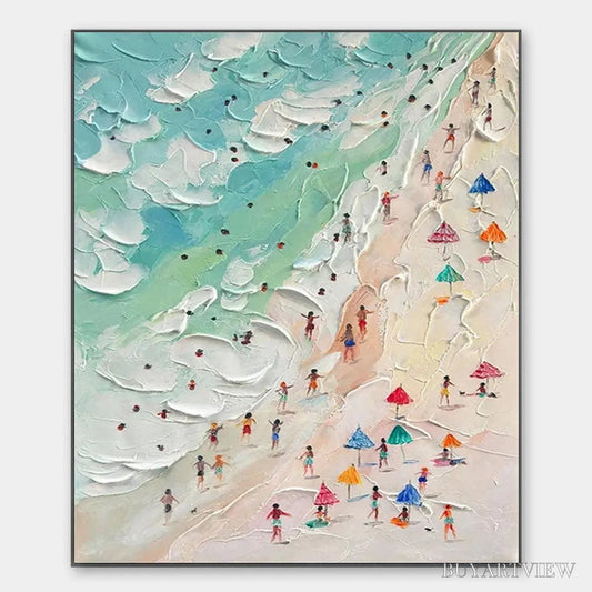 BUYARTVIEW Beach Day – Textured Beach Scene Painting with Colorful Umbrellas - image 1