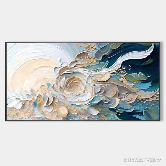 BUYARTVIEW Oceanic Bloom – Textured Abstract Floral Painting in Blue and Beige - image 1
