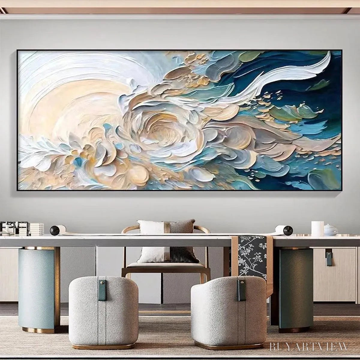 BUYARTVIEW Oceanic Bloom – Textured Abstract Floral Painting in Blue and Beige - image 2