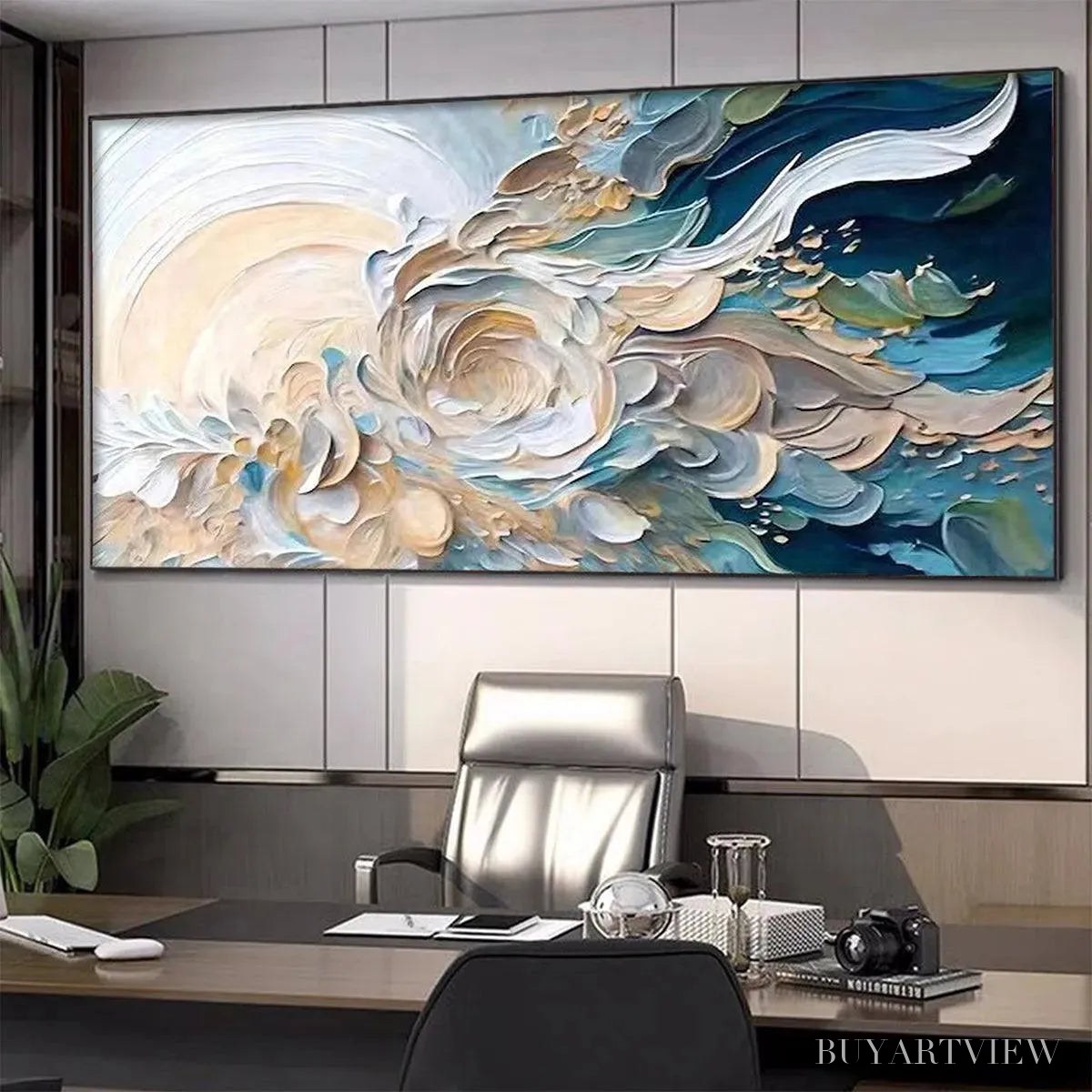 BUYARTVIEW Oceanic Bloom – Textured Abstract Floral Painting in Blue and Beige - image 4