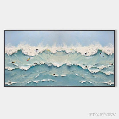 BUYARTVIEW Ocean'S Heartbeat – Panoramic Ocean Wave Painting with Surfers - image 1