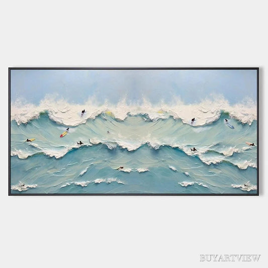 BUYARTVIEW Ocean'S Heartbeat – Panoramic Ocean Wave Painting with Surfers - image 1