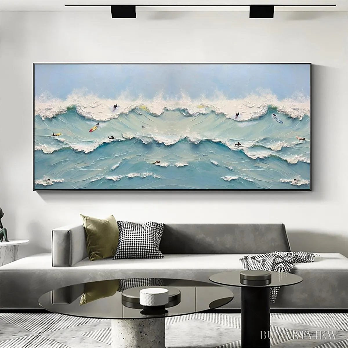 BUYARTVIEW Ocean'S Heartbeat – Panoramic Ocean Wave Painting with Surfers - image 2